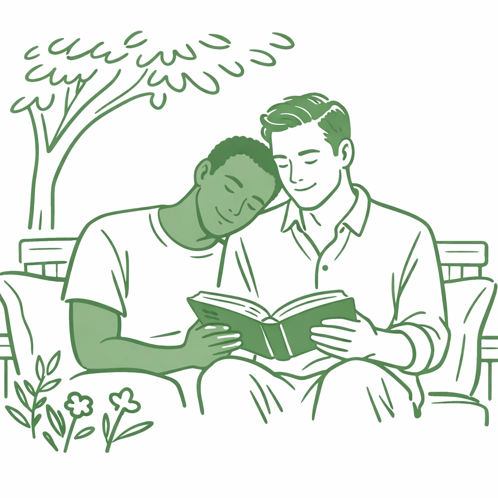 Two men reading queer fiction together on a bench, reflecting the emotional intimacy found in MM romance books.
