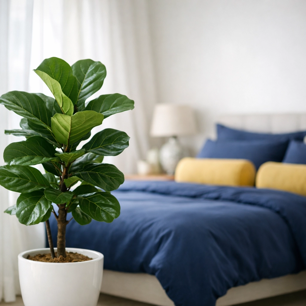 Bright master bedroom with a green plant representing fresh indoor air quality from non-toxic cleaning.