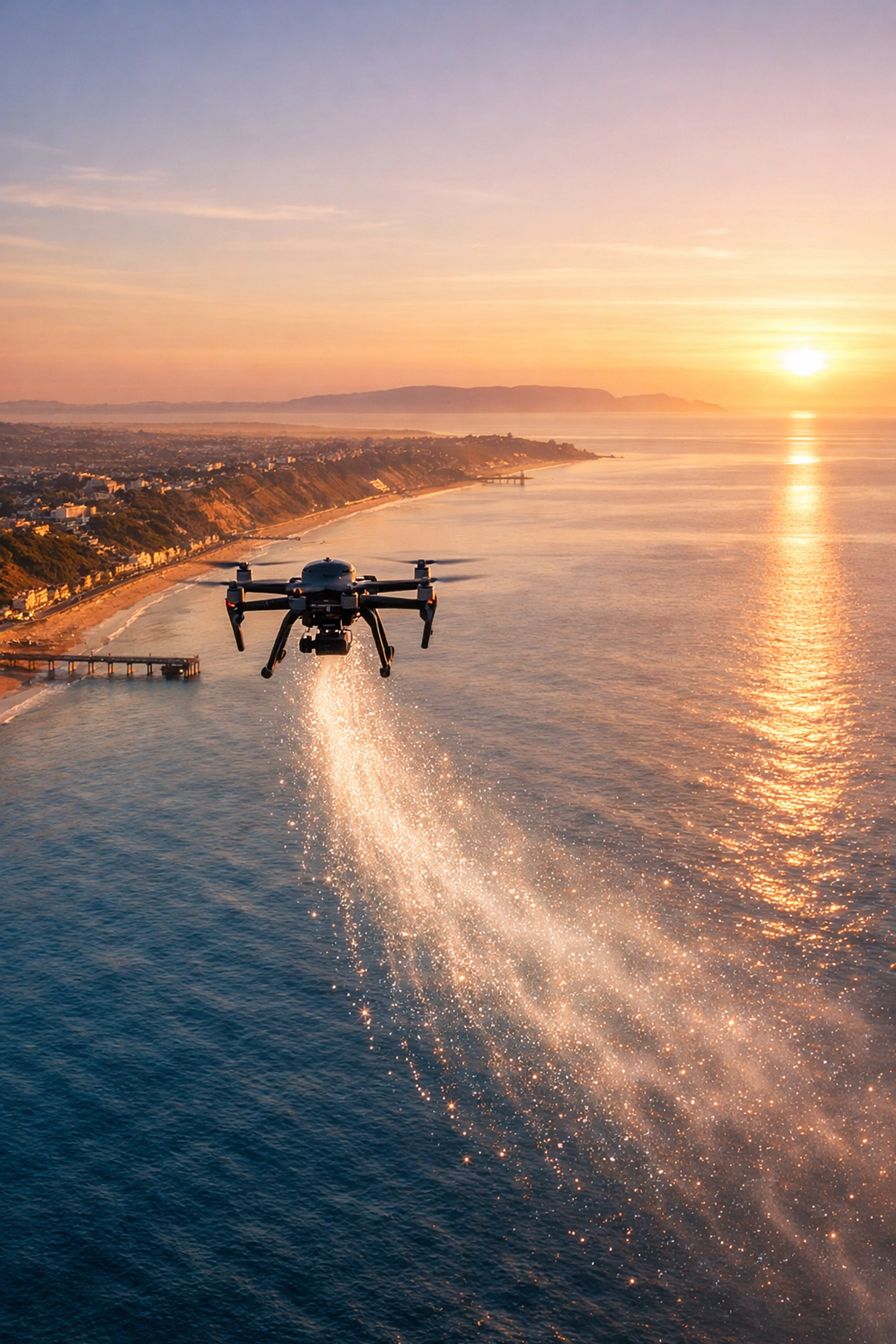 Drone ash scattering ceremony over the Bournemouth coastline at sunrise with the Isle of Wight in the background.