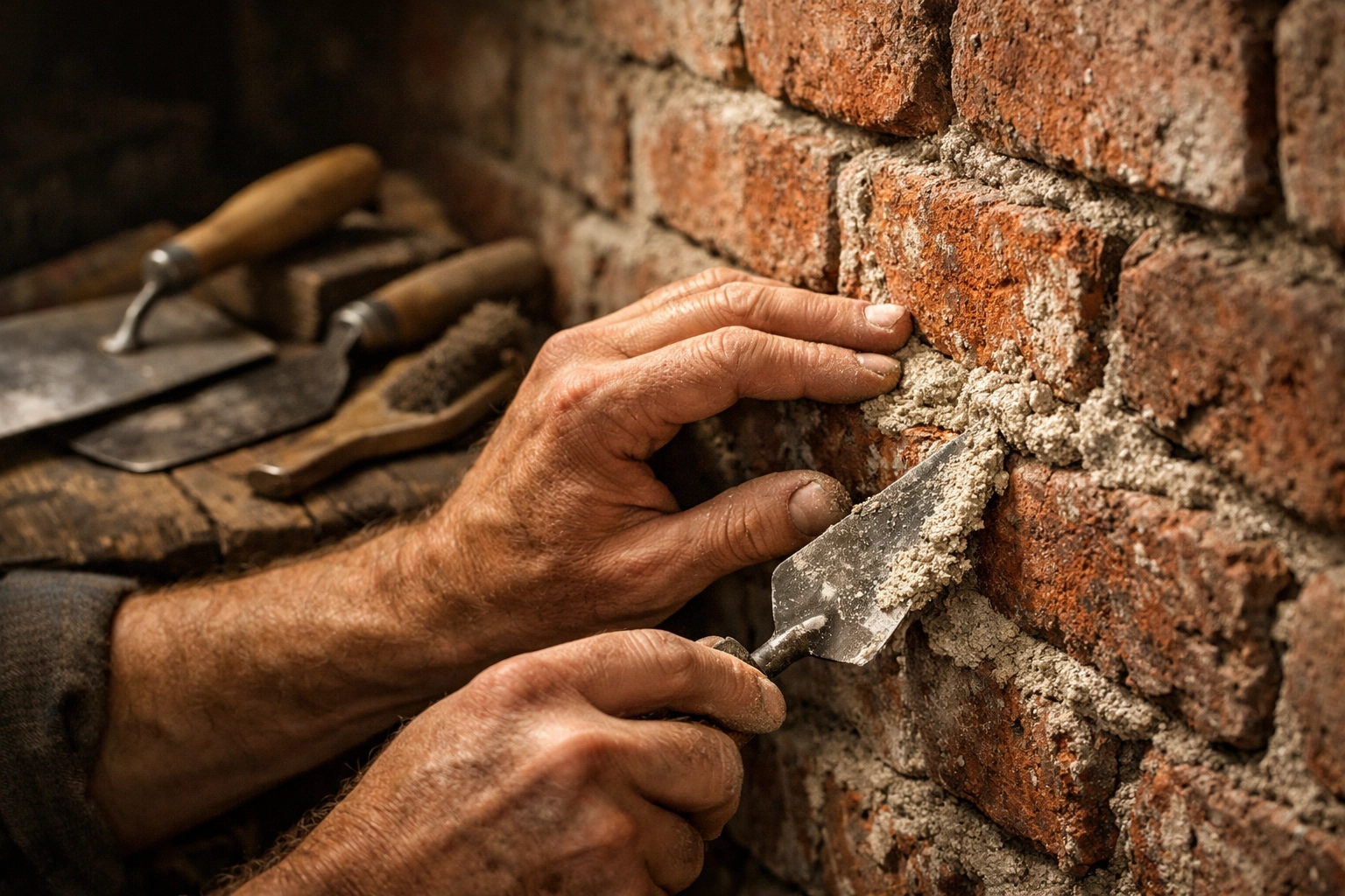 Professional builder applying traditional lime mortar to heritage brickwork in West Sussex.
