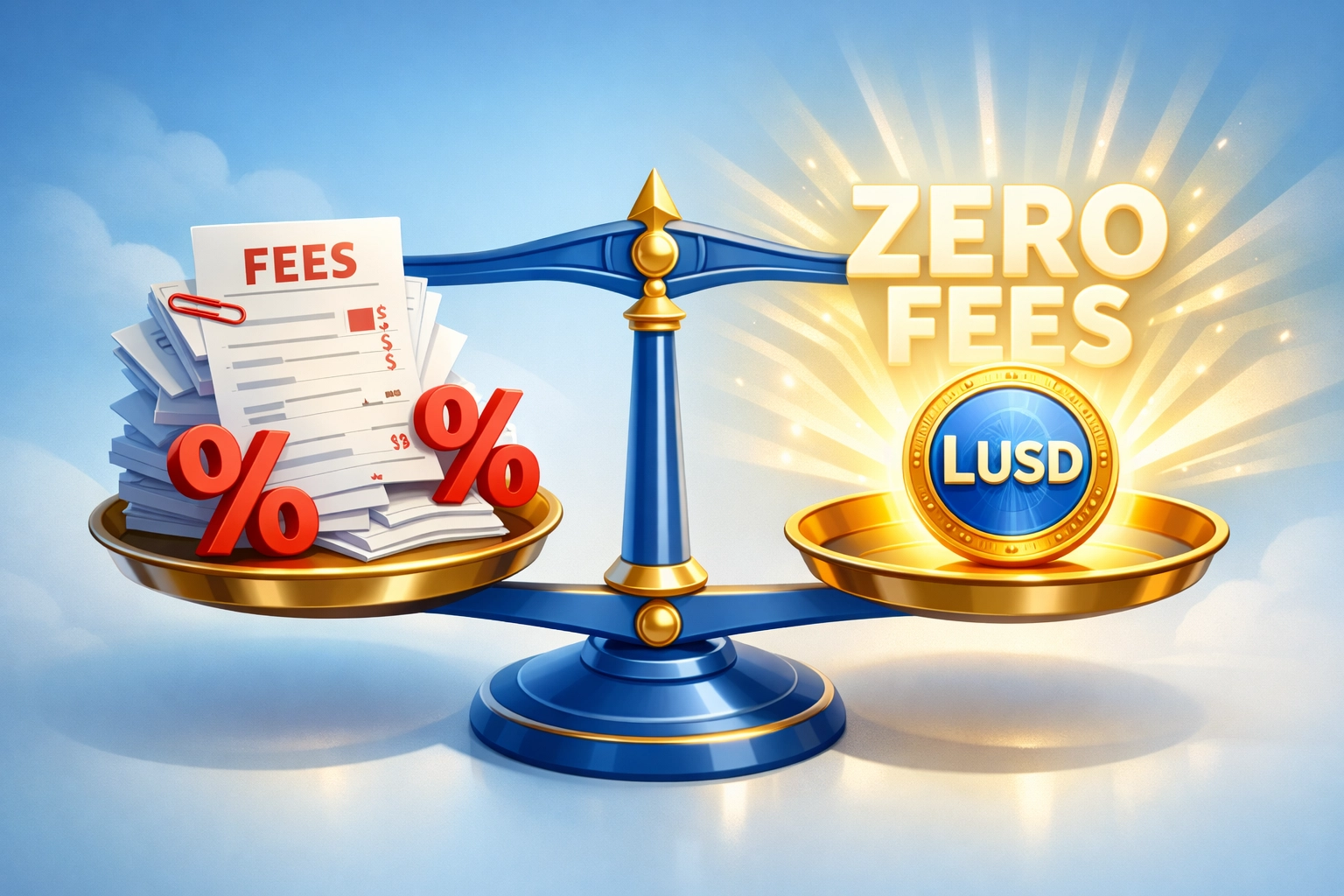 Scale comparing traditional payment processor fees against zero-fee LUSD crypto payments