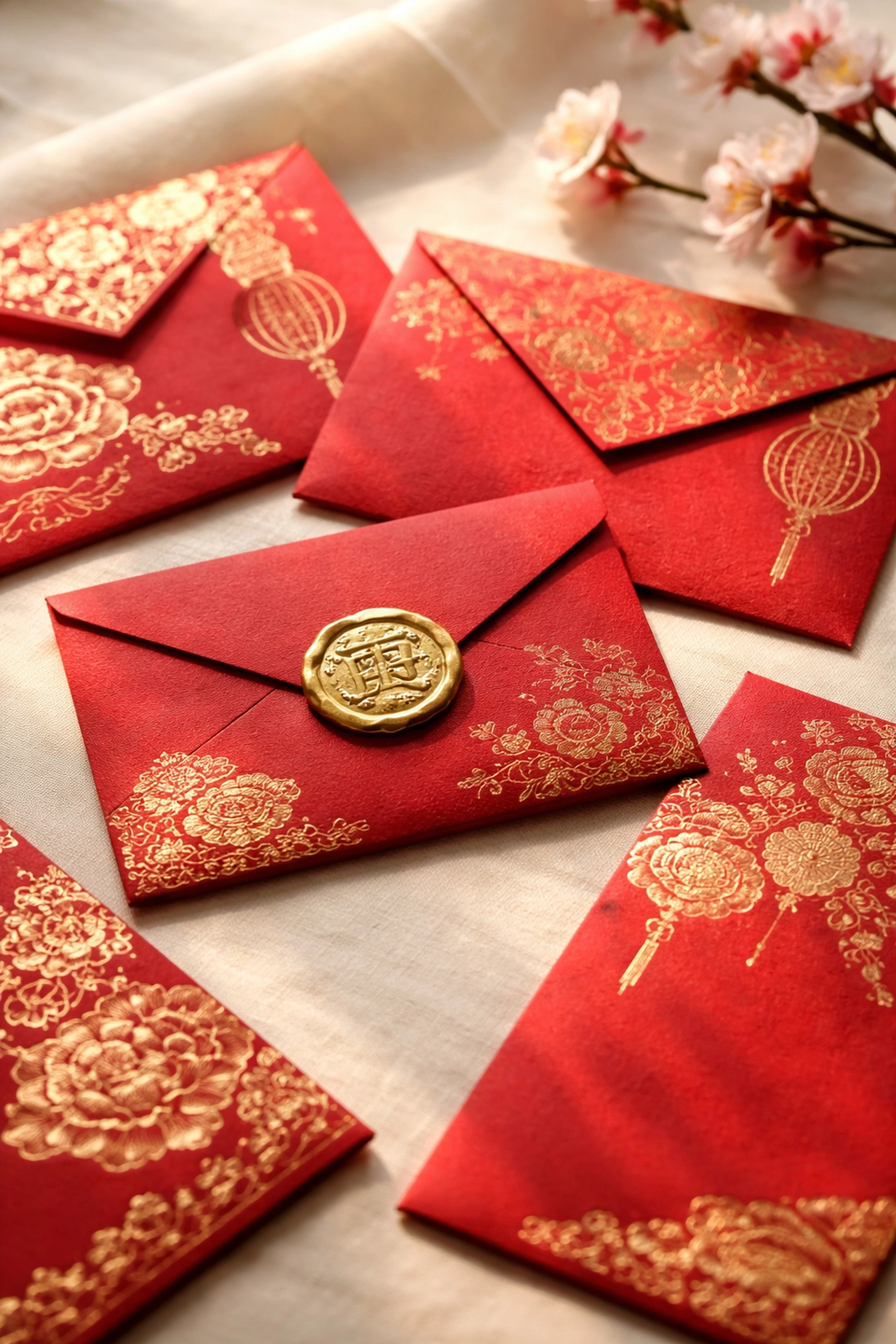 Bespoke red envelopes with gold details and plum blossom, symbolising luxury gifting for Lunar New Year