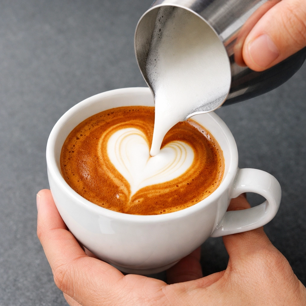 Skilled barista pouring milk into espresso with perfect crema, showcasing professional barista training.