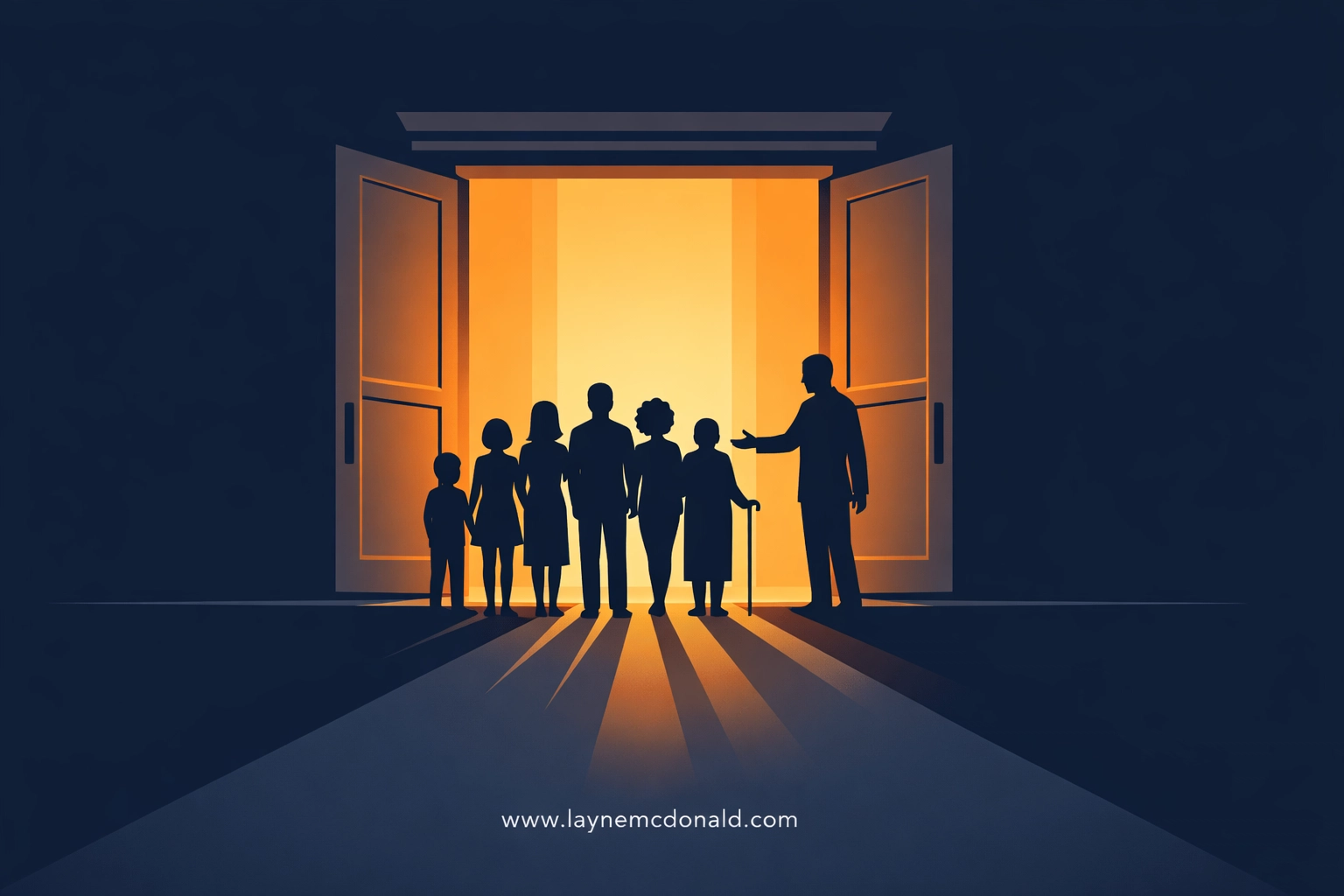 A welcoming open doorway with light shining on silhouettes, representing inclusive church culture.