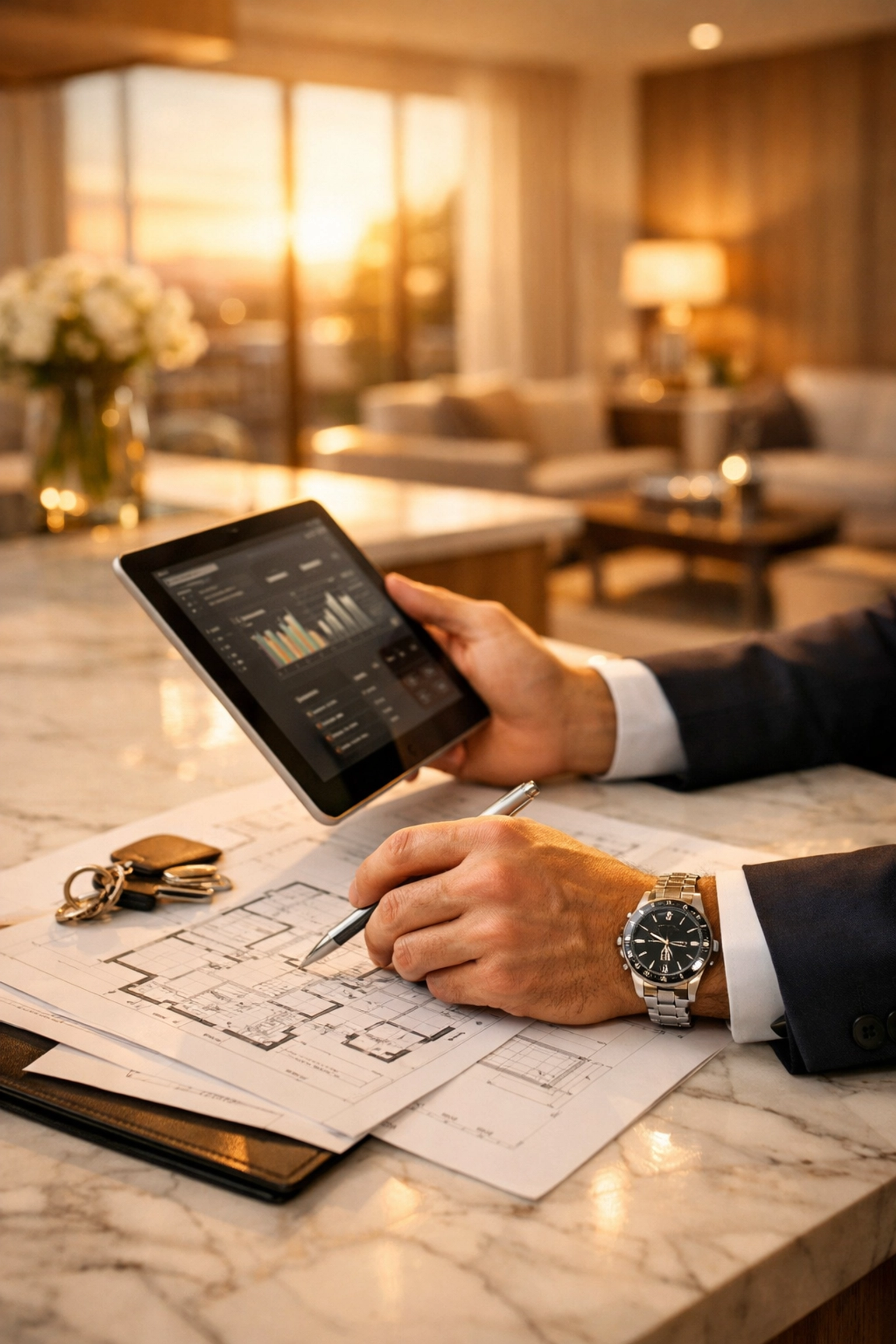 Property manager reviewing luxury rental guest screening to mitigate insurance risks.