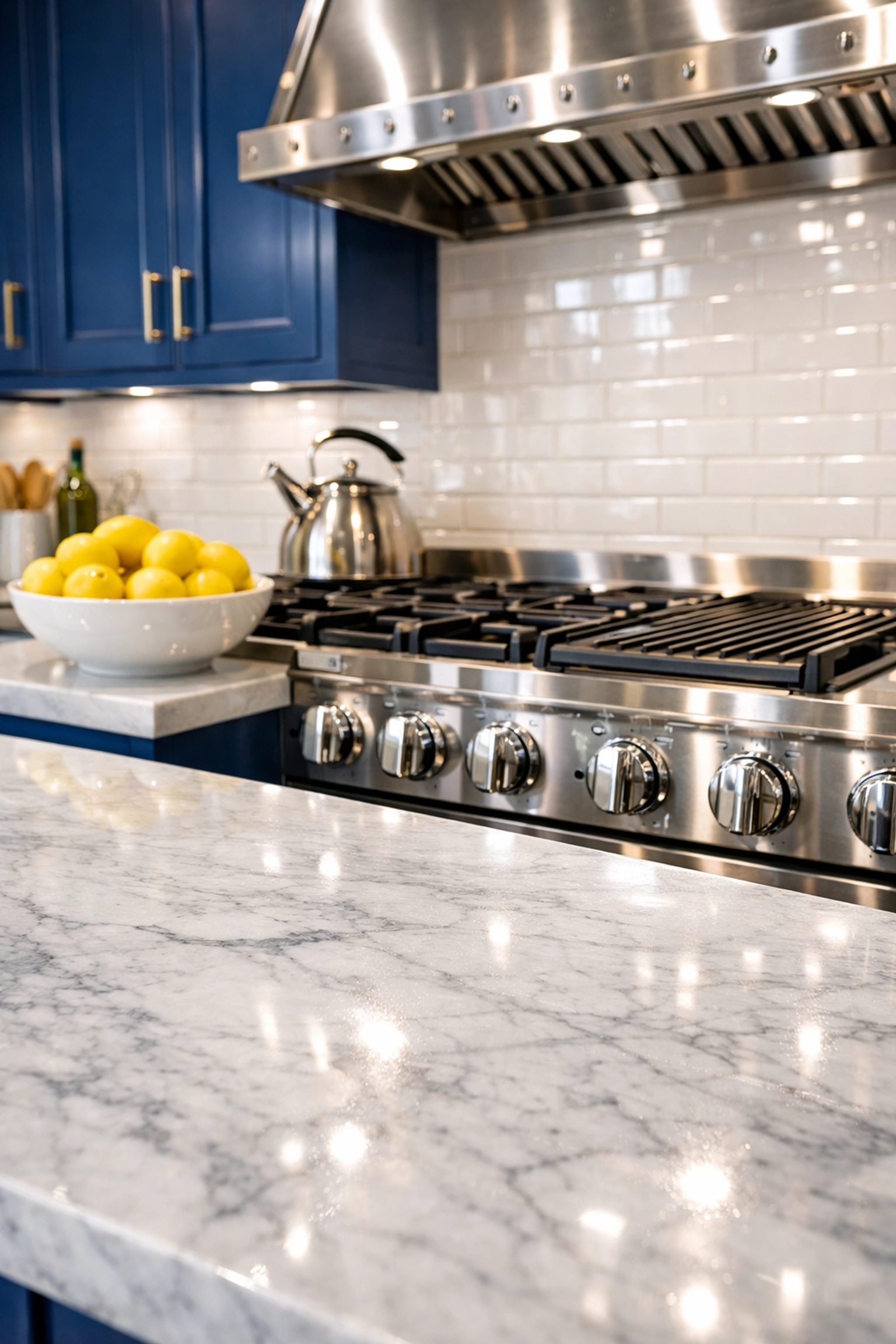 Sparkling marble countertops and a polished stove after a detailed house cleaning in Pepperell MA.
