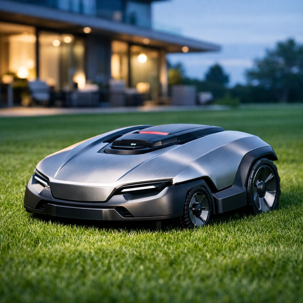Autonomous robotic mower on an Alabama lawn showing the value of technology in a landscaping business sale.