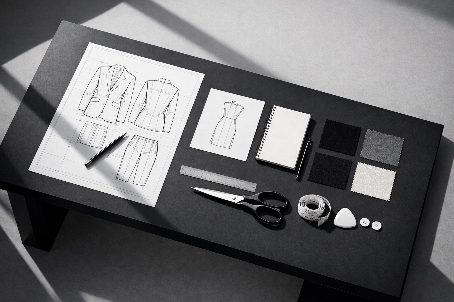 Minimalist fashion design workspace with technical drawings and fabric swatches