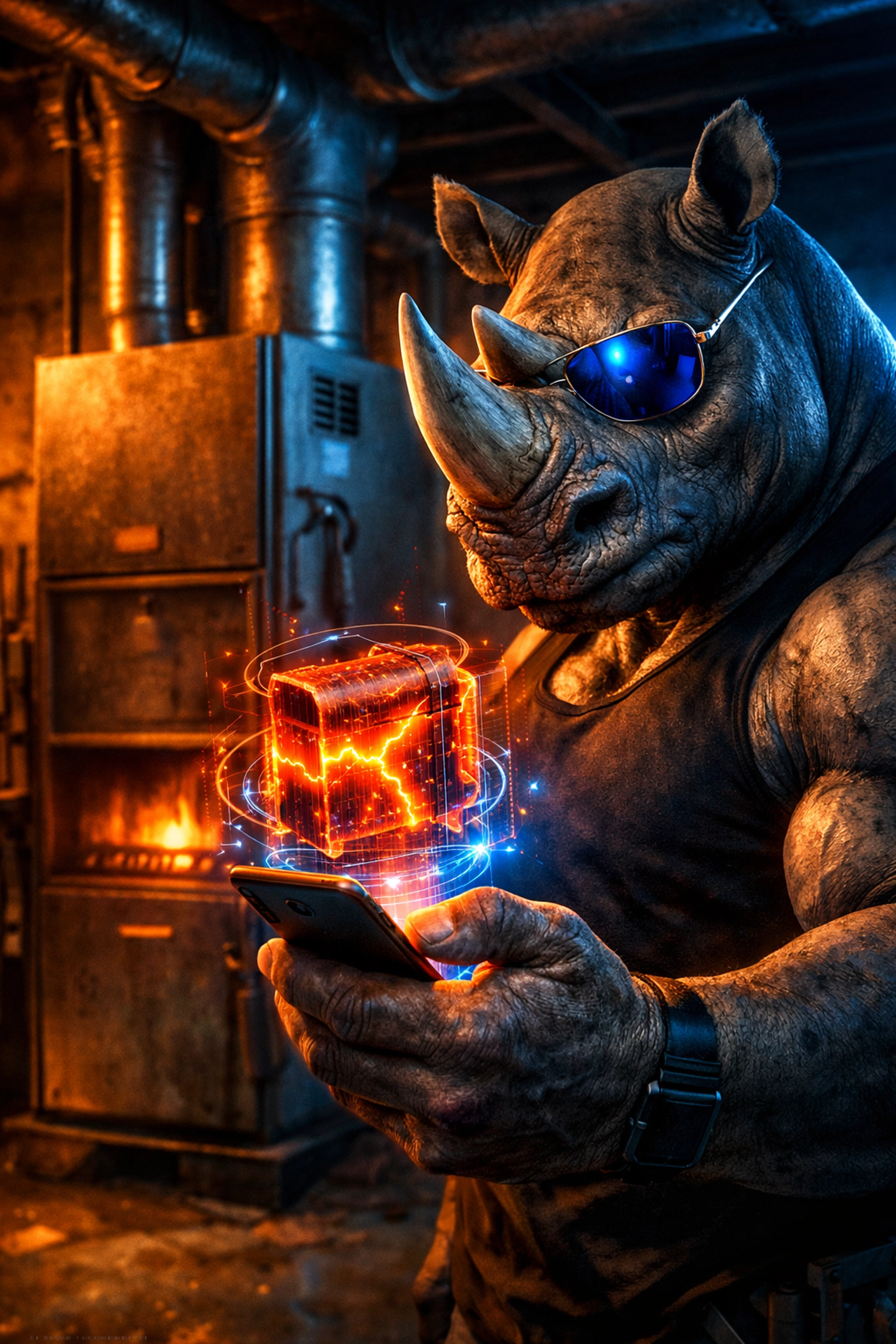HVAC contractor mascot using a smartphone to show a live video diagnostic of a cracked heat exchanger to build trust.