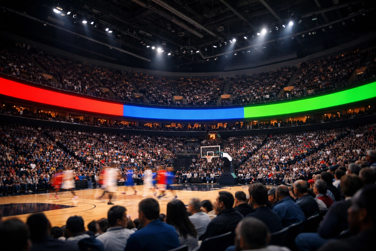 Professional sports arena with digital LED ribbon boards highlighting stadium advertising and brand visibility.