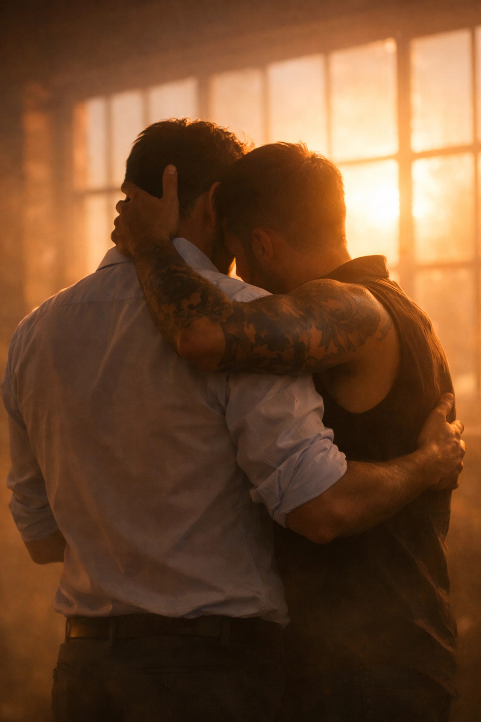 Gay couple in intimate embrace silhouetted against warm light representing MM romance connection
