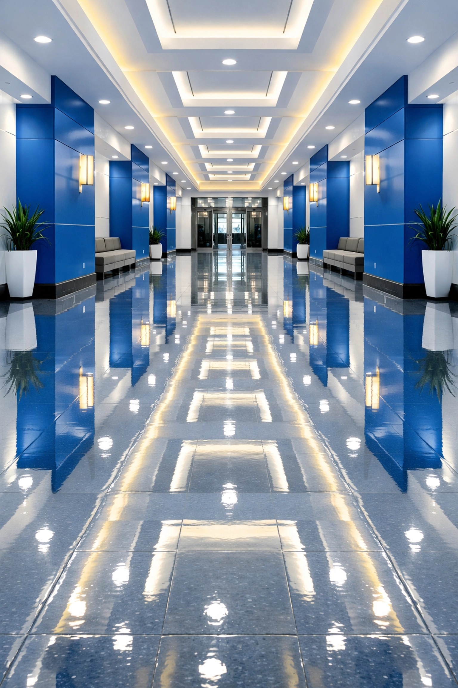 Commercial cleaning Leominster floor care with high-gloss waxed VCT tiles in a lobby corridor.
