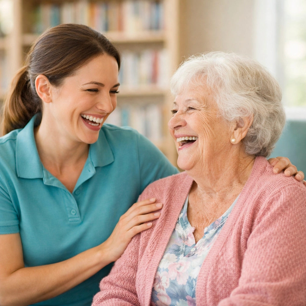 Compassionate caregiver assisting a senior in a friendly Sarasota assisted living environment.