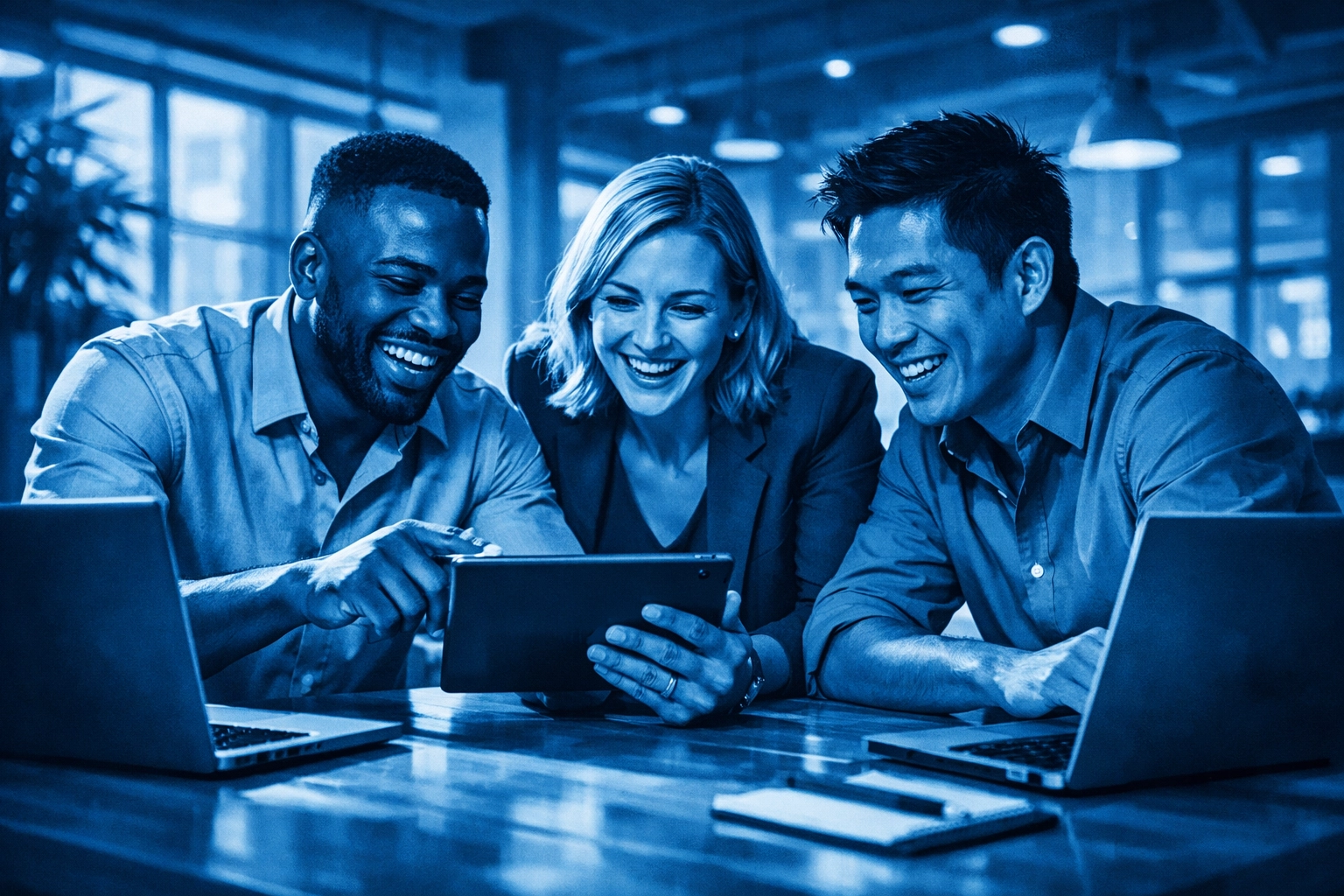 Collaborative business team using AI tools to focus on high-value growth projects.