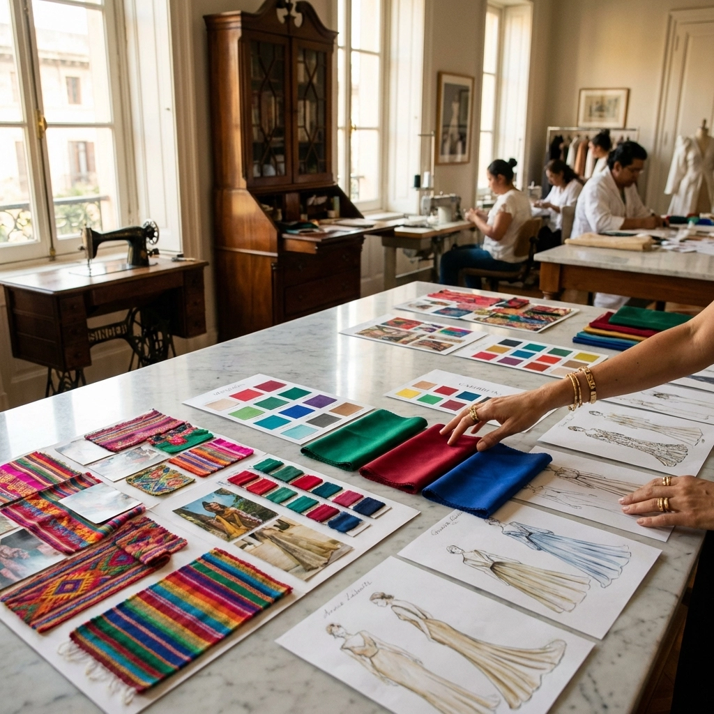 Luxury fashion studio with Latin-inspired gowns, vibrant textiles, and creative process details for celebrity collections