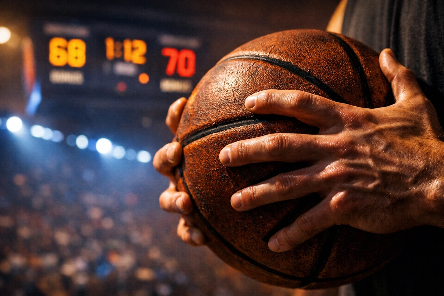 College Basketball Spieler mit Ball - Nahaufnahme der Hände beim Wurf