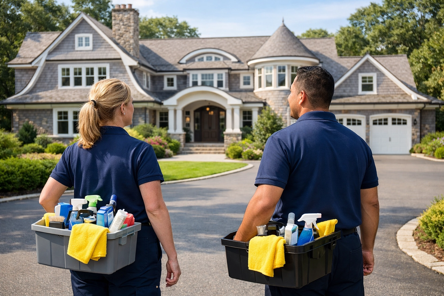 Trusted professional residential cleaning Massachusetts team in front of a luxury Dover residential property.