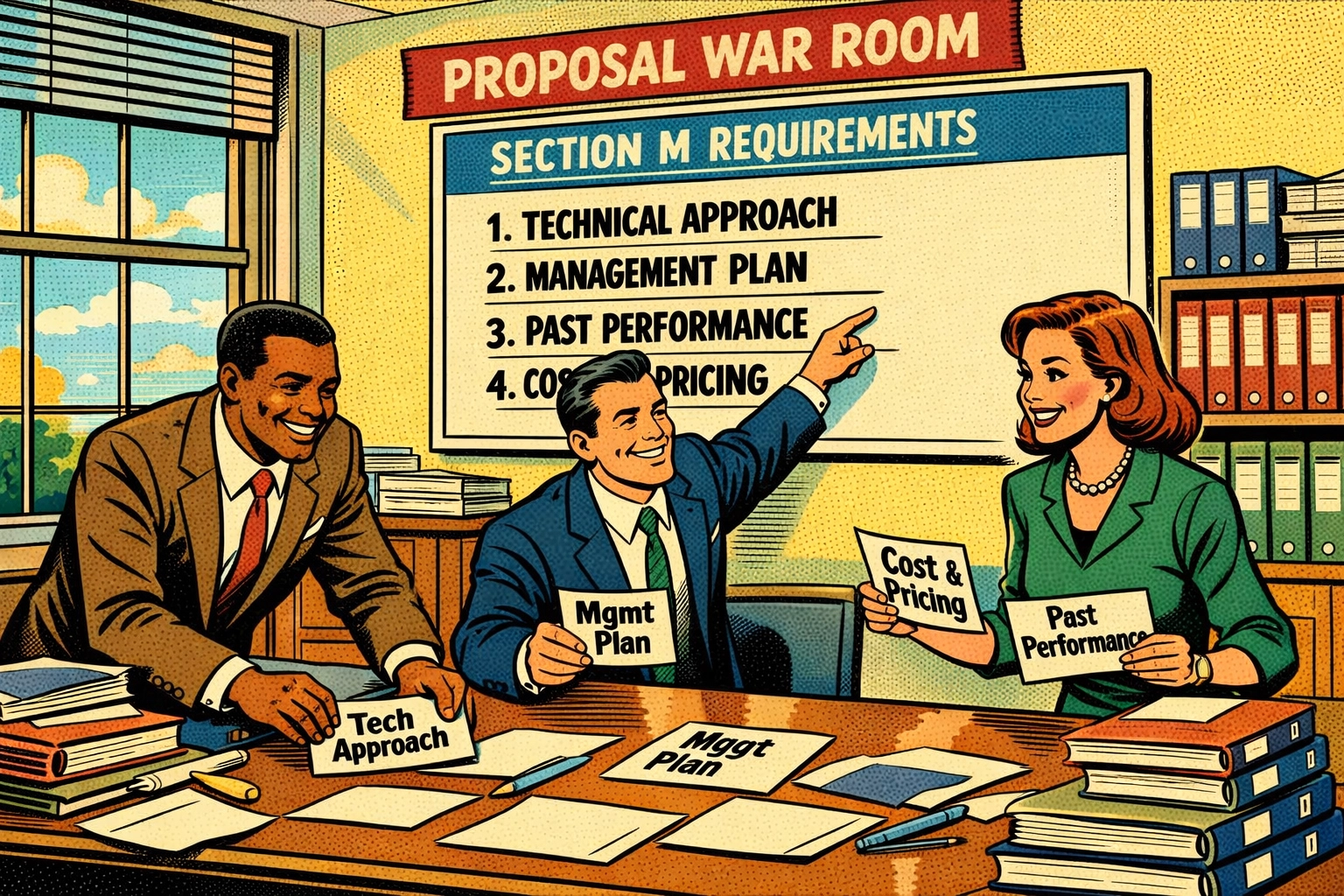 Proposal team organizing sections to align with Section M evaluation criteria
