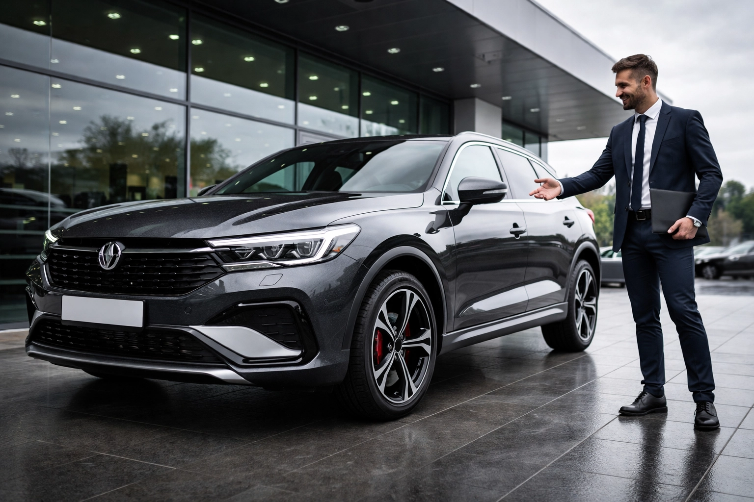 Gleaming ceramic-coated SUV on dealership forecourt with admiring sales professional, highlighting resale value benefits