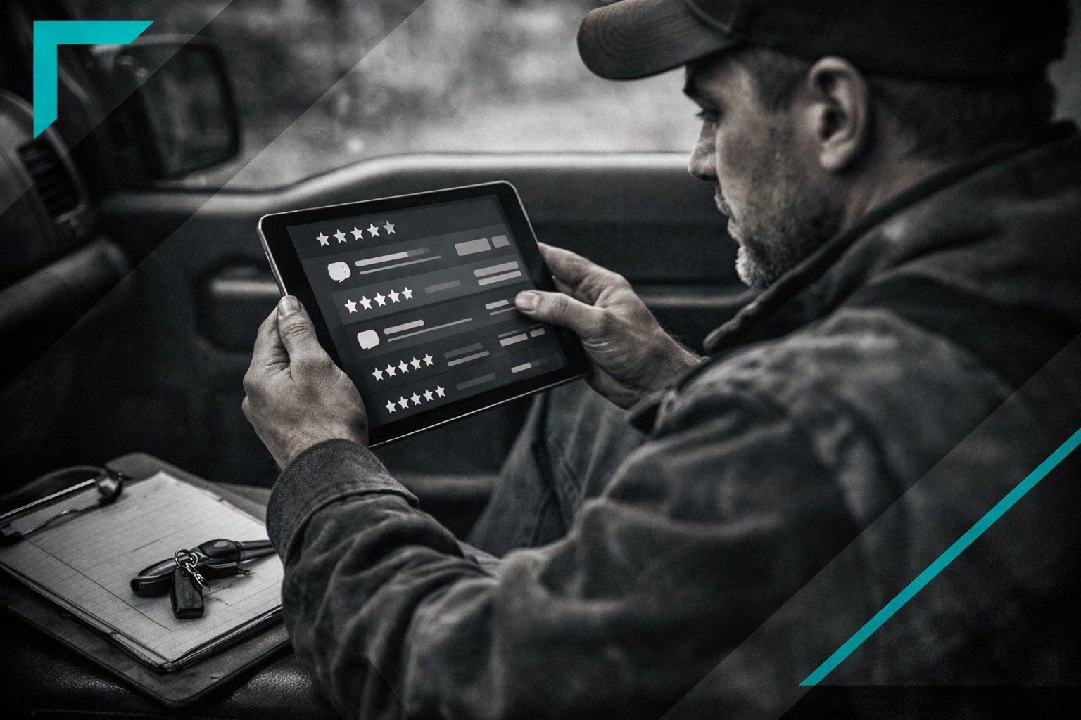 Contractor's truck dashboard with tablet displaying detailed Google review