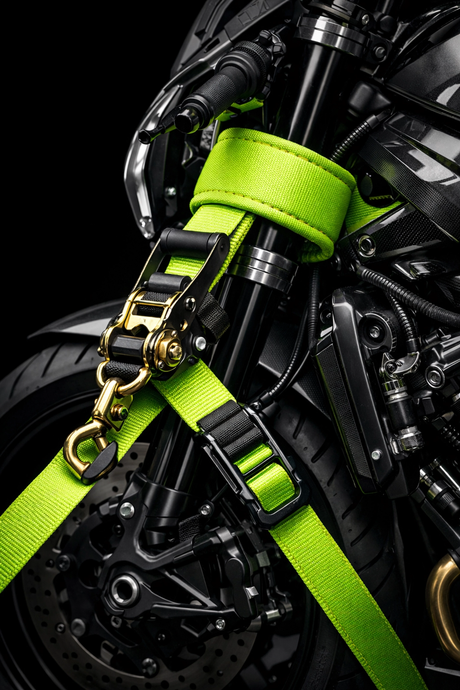 Professional motorcycle towing equipment securing a bike for safe transport in the Houston area.