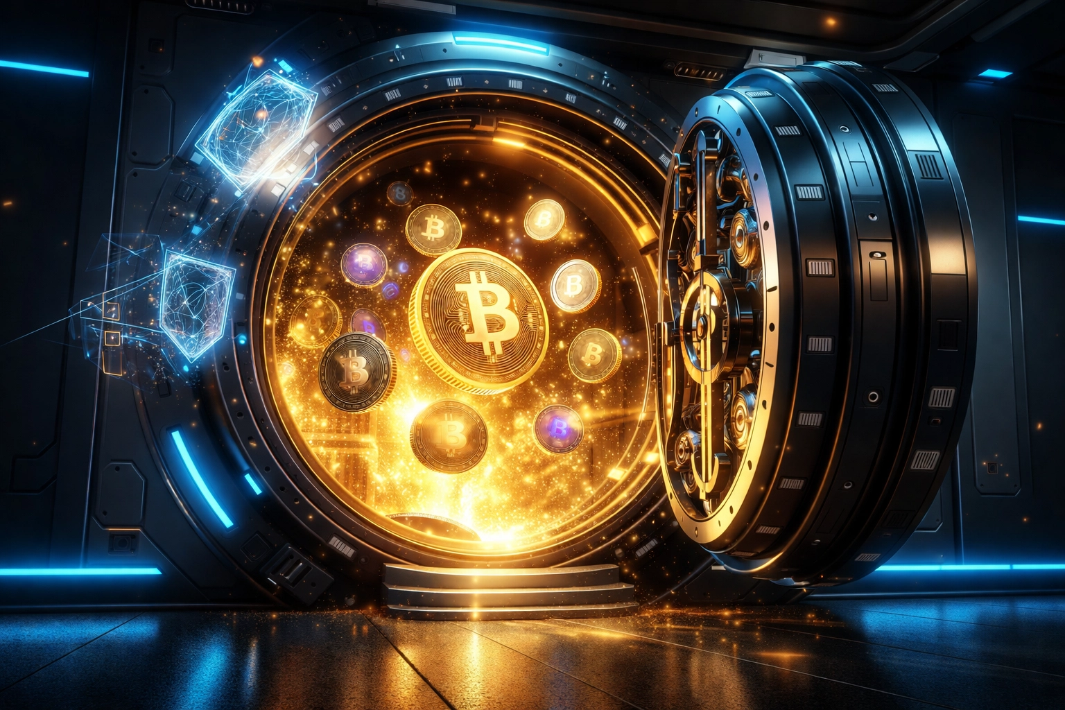 Glowing cryptocurrency coins flow from an open vault, symbolizing secure self-custody crypto POS receipts for merchants.