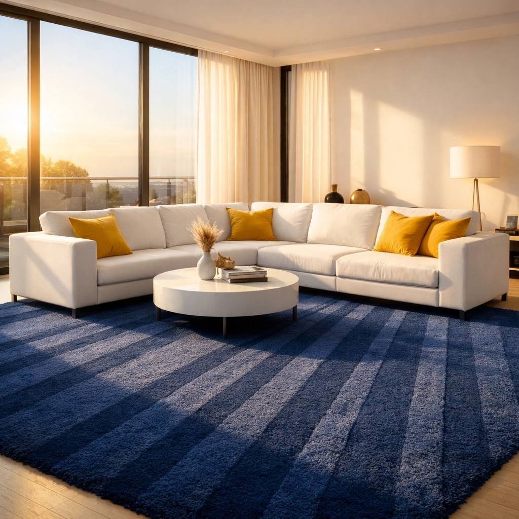 A sunlit, clean living room with crisp vacuum lines on a navy rug, representing weekly house cleaning benefits.