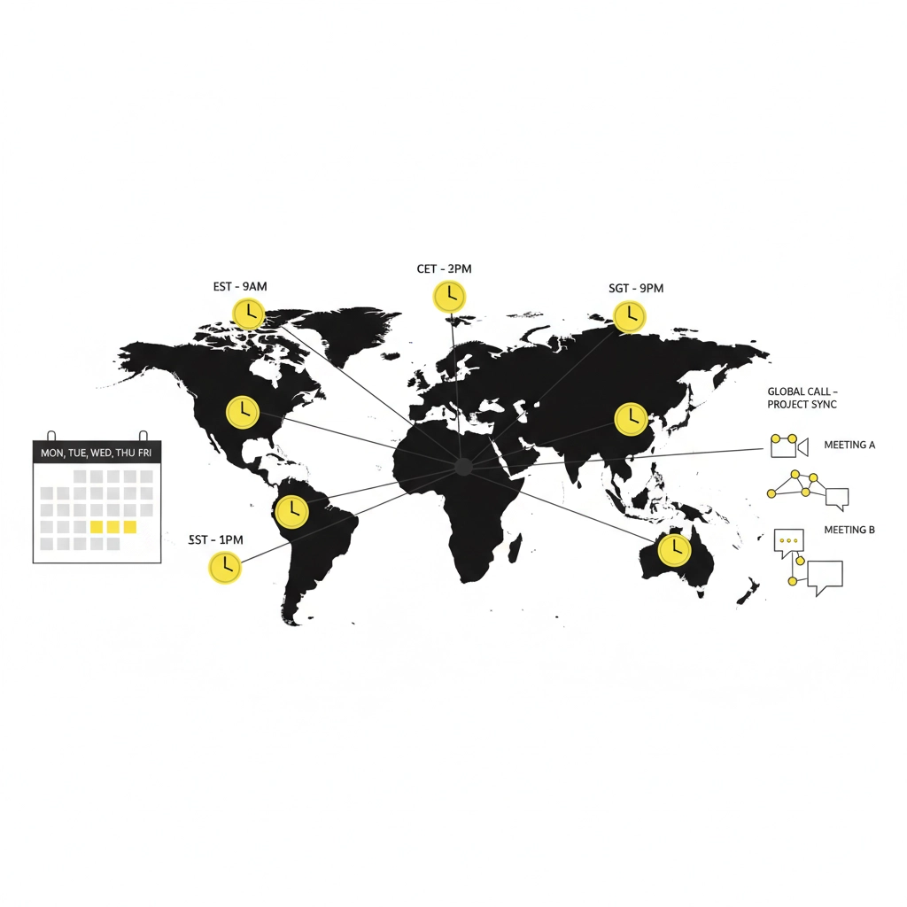 World map showing time zones with yellow clocks indicating EST, CET, SST, SGT. Calendar and meeting icons are on the right.