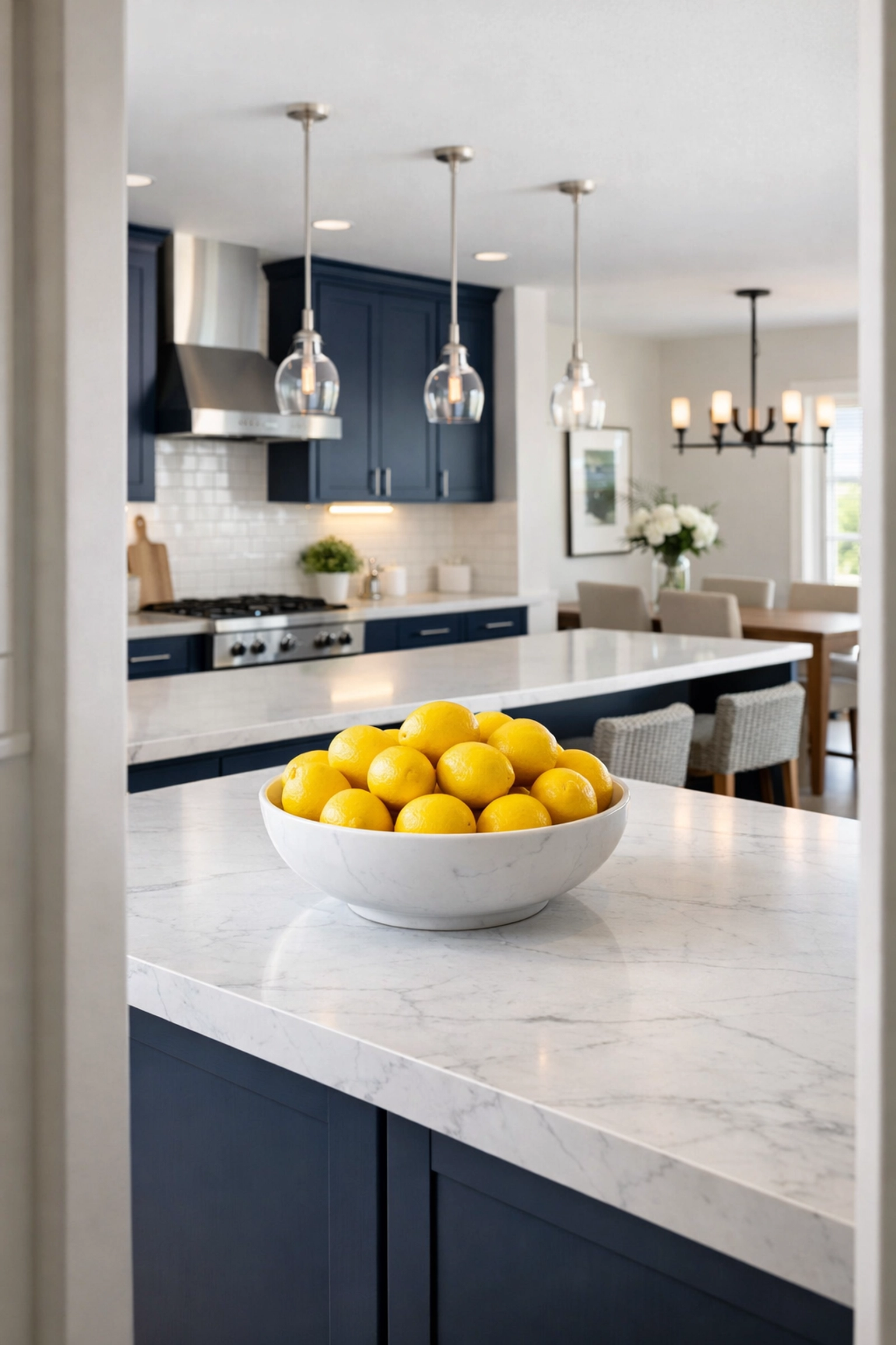 A clean, modern kitchen with sparkling marble surfaces following a professional bi-weekly house cleaning.