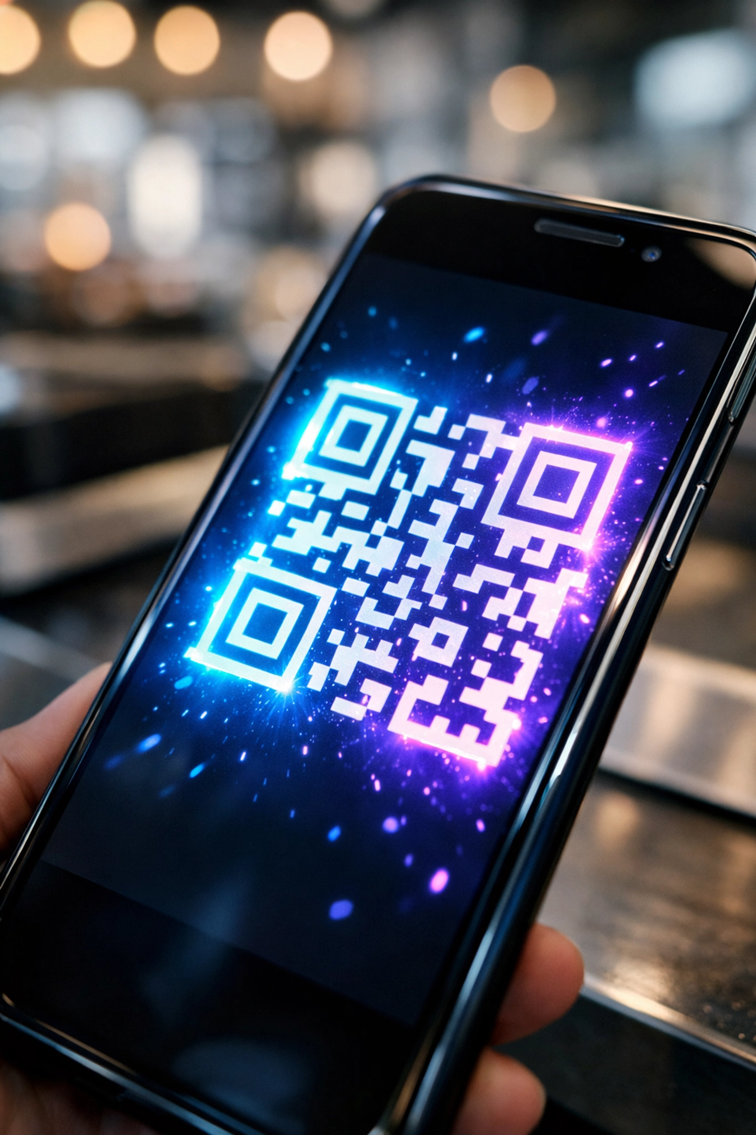 Smartphone displaying Web3 payment QR code for contactless crypto transactions at retail counter