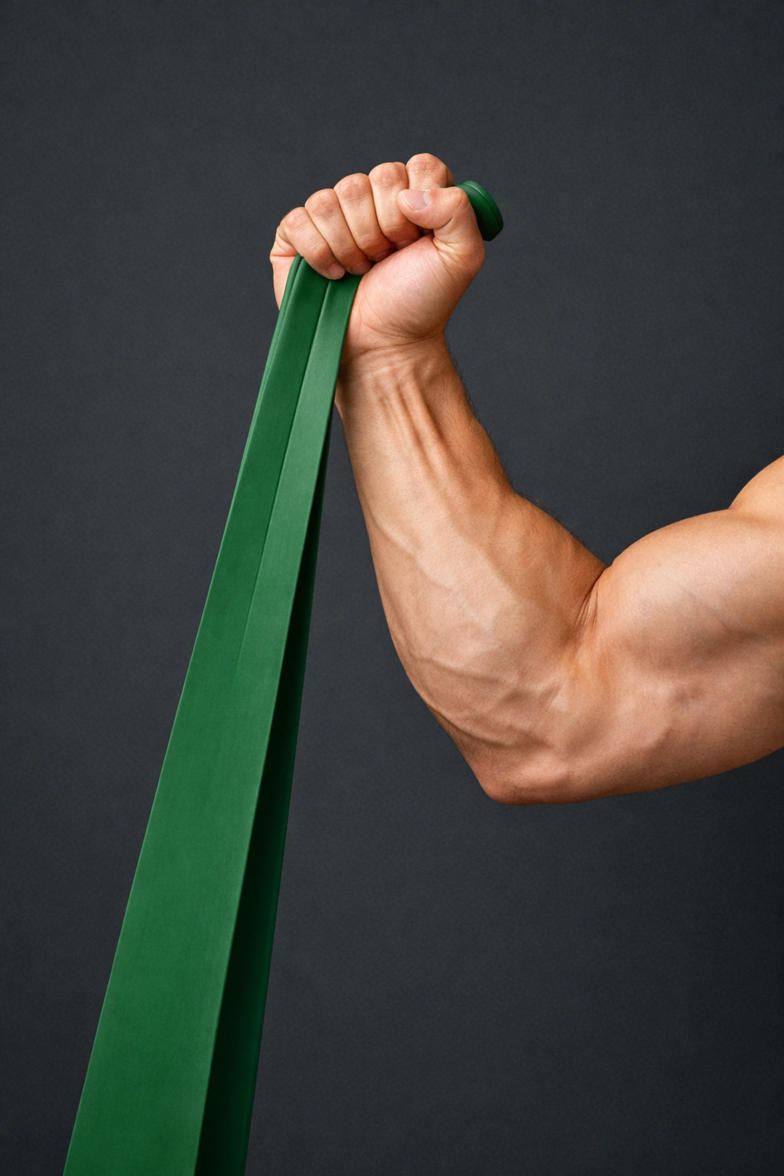Muscular forearm pulling a green resistance band for back and shoulder strength training.