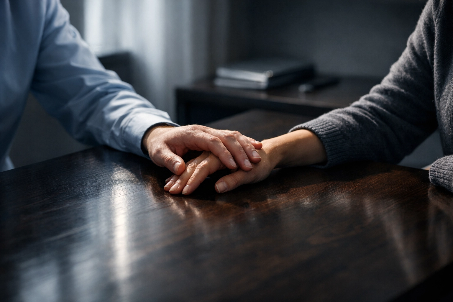 Two professionals in a supportive conversation discussing disaster mental health and community response.