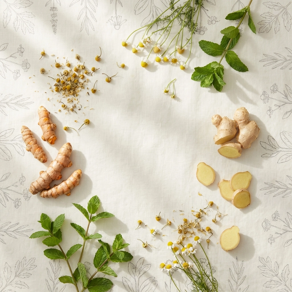 Flat lay of turmeric, ginger, chamomile, and peppermint herbs on linen, illustrating common natural remedies used for wellness.