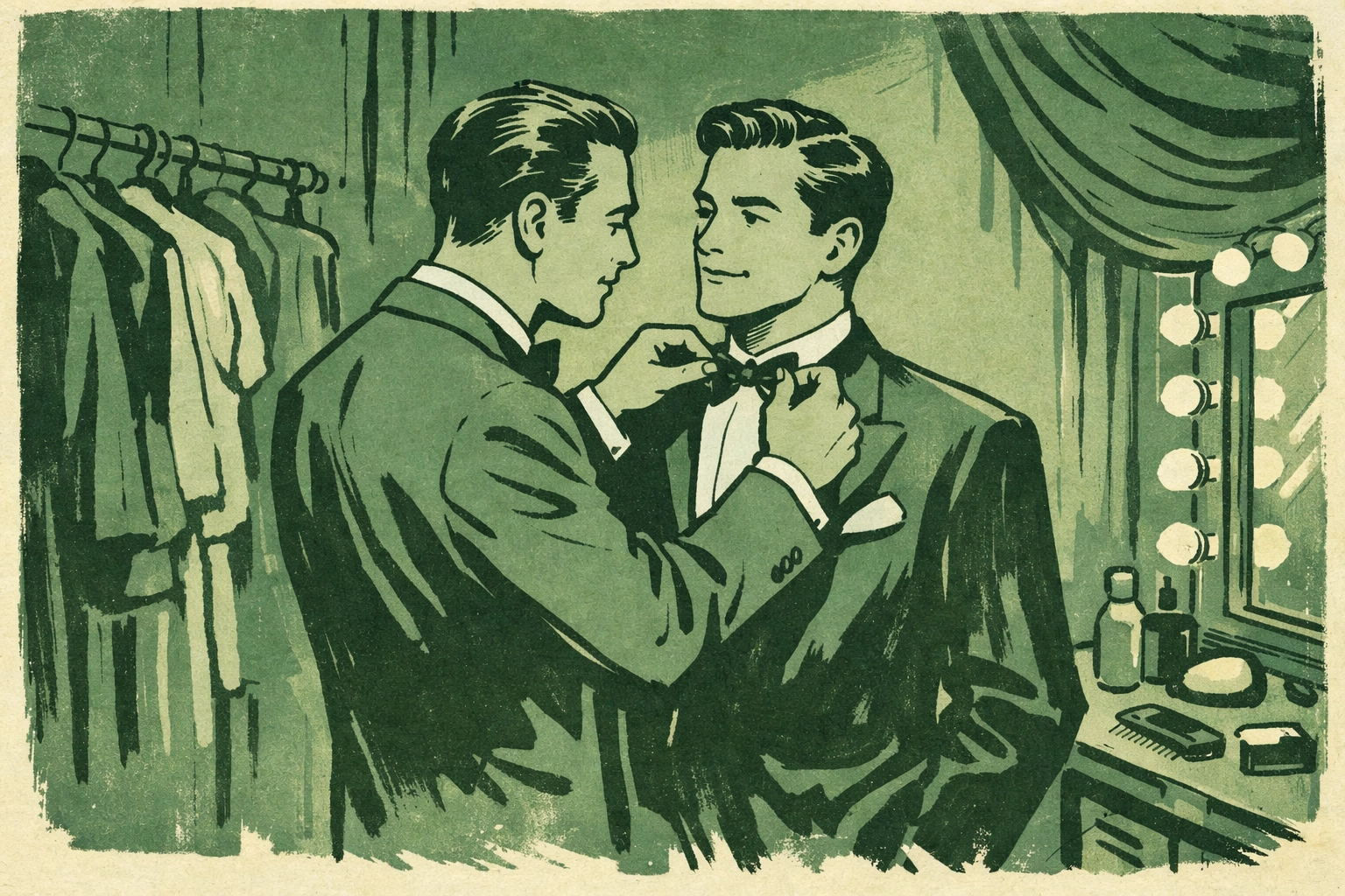 Gay theatre actors share tender moment backstage in 1950s London revealing double lives