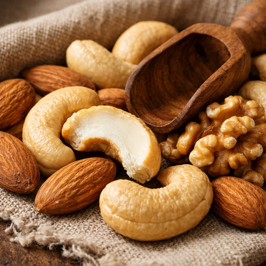 Assorted premium dry fruits like jumbo cashews and almonds on linen, perfect for healthy snacking.