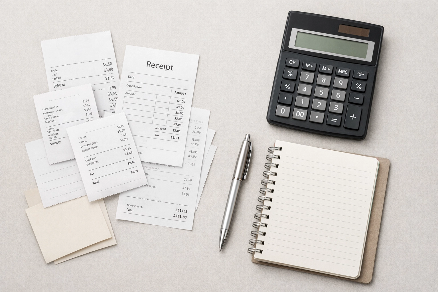 Flat lay of business receipts and a calculator on a desk.