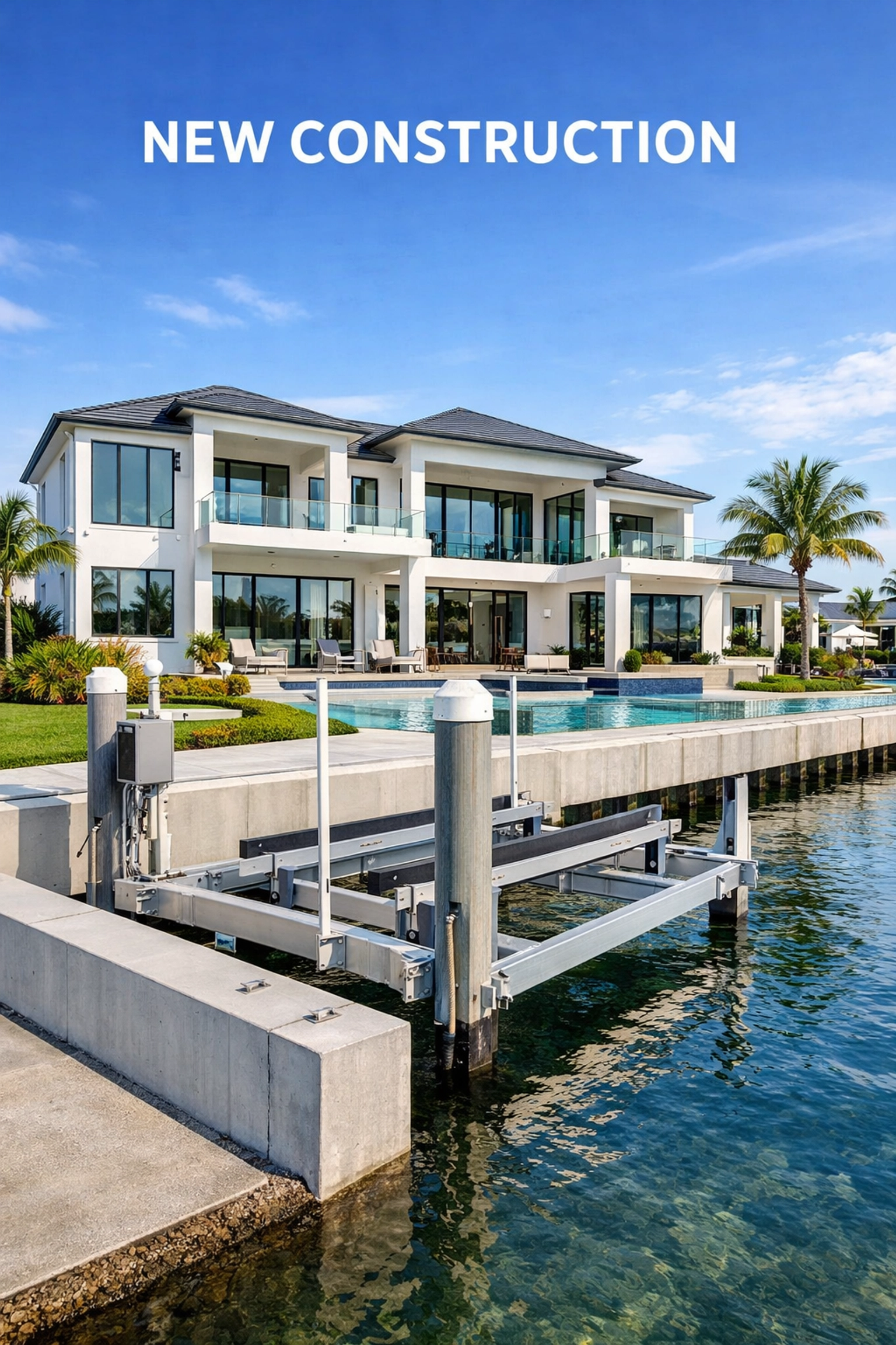 Modern new construction waterfront home in Cape Coral featuring a concrete seawall and boat lift.