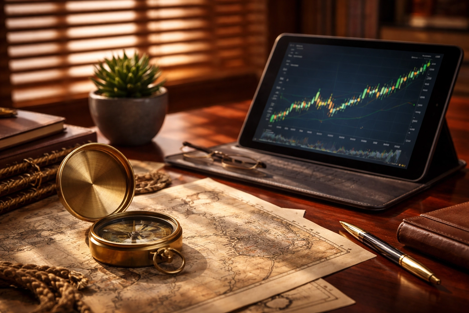 A desk scene with a compass, tablet, and charts, illustrating strategic navigation in sophisticated wealth management.