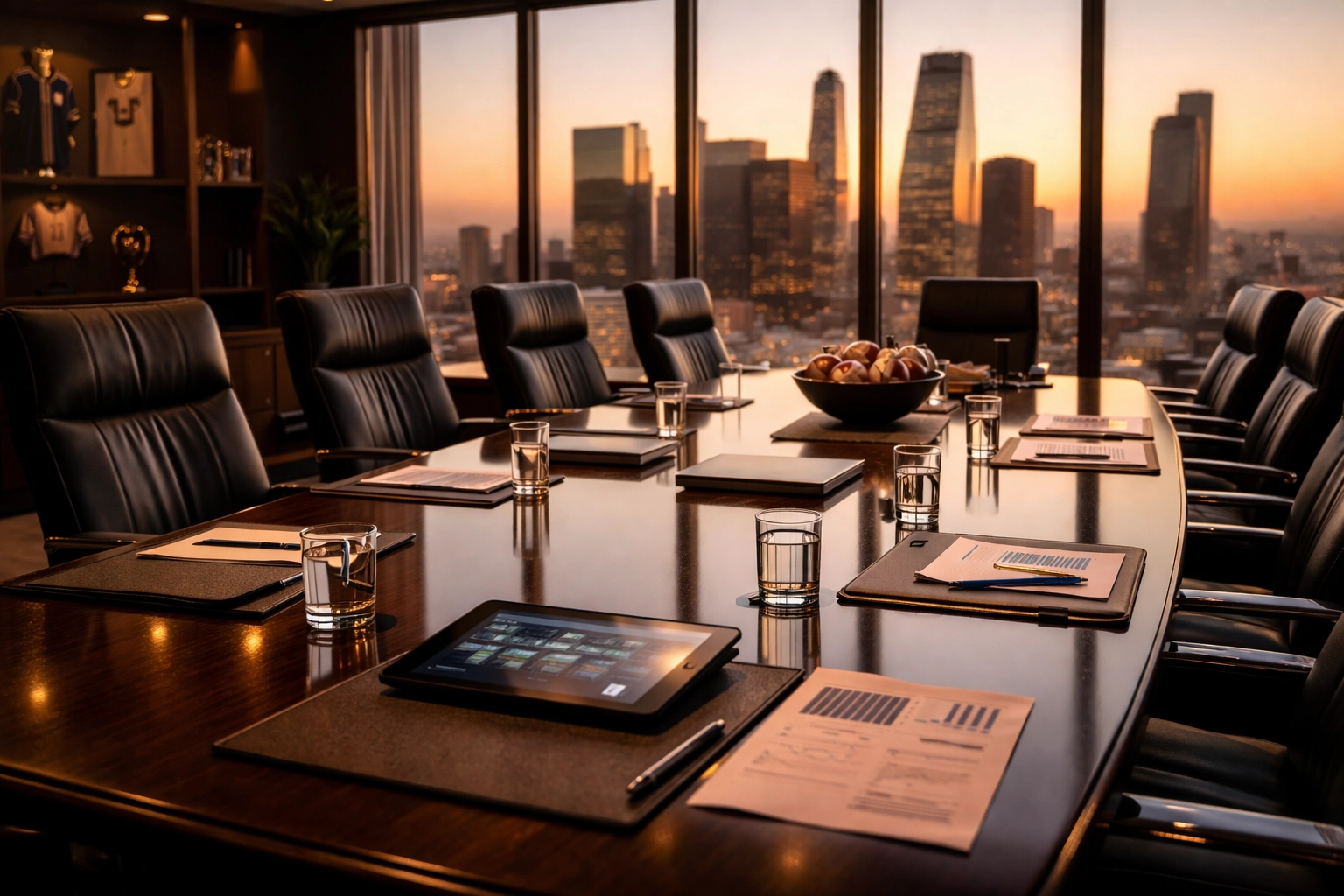 Modern sports agency conference room with executives negotiating talent partnerships at sunset