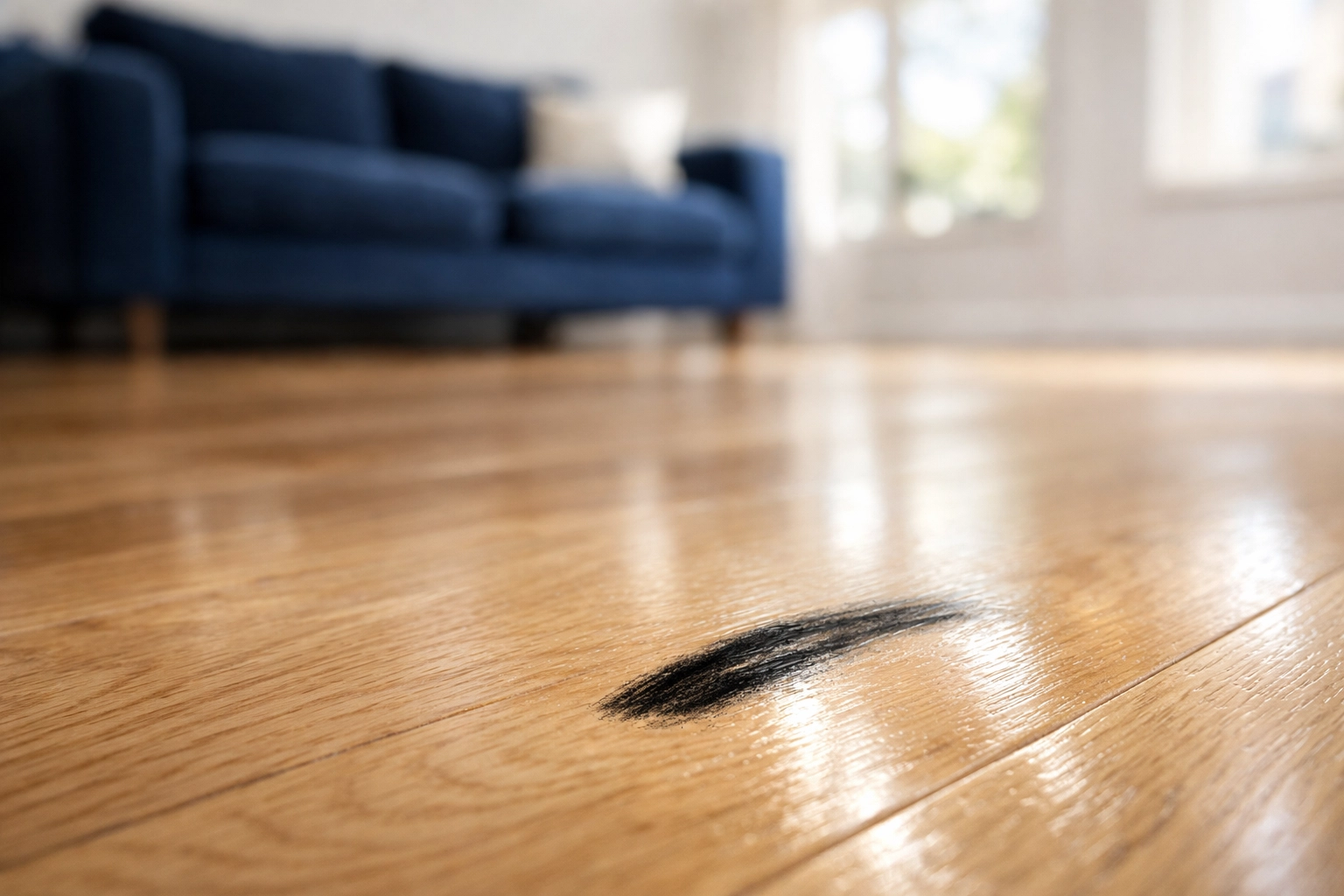Close-up of a black rubber scuff mark on clean, high-end light oak hardwood flooring.