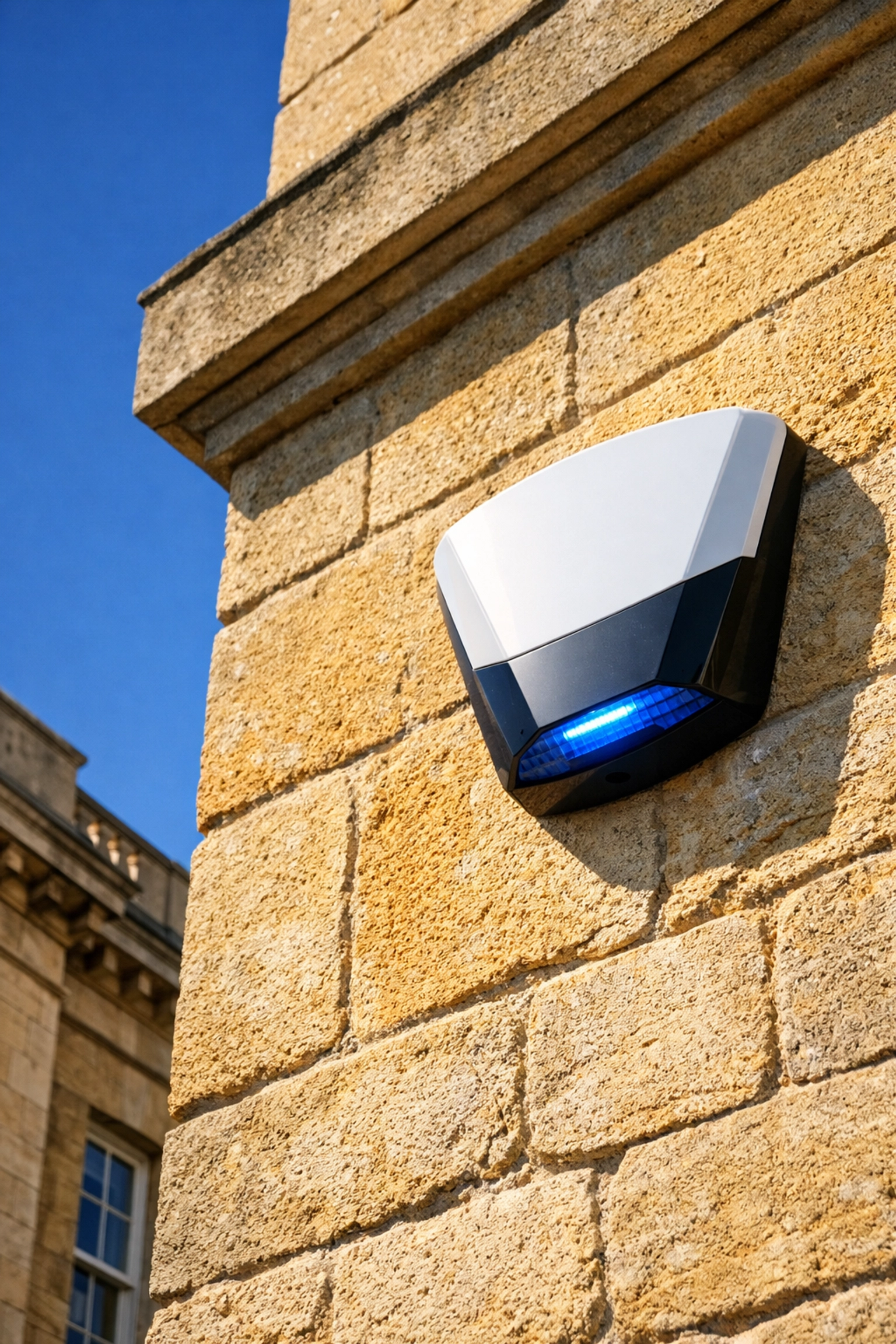 Professional commercial security siren box installed on a traditional honey-coloured Bath stone wall.