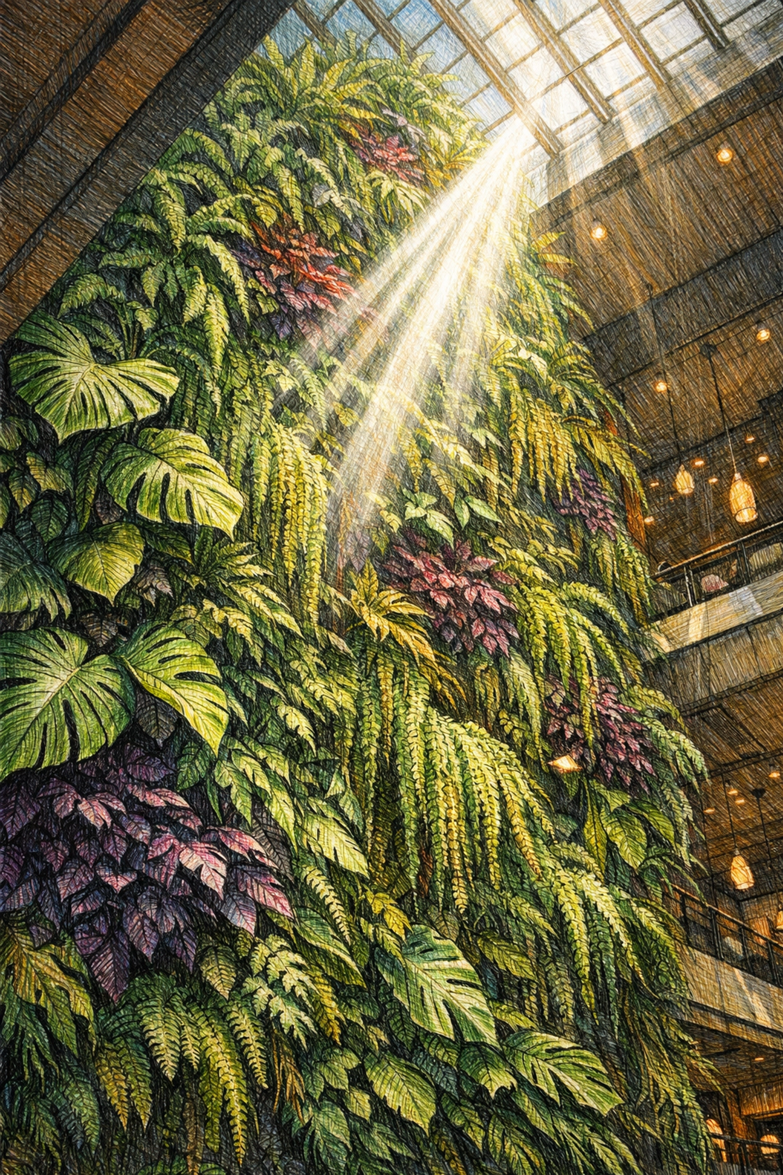 Lush vertical garden and living wall in a sun-drenched modern hotel lobby highlighting biophilic design.