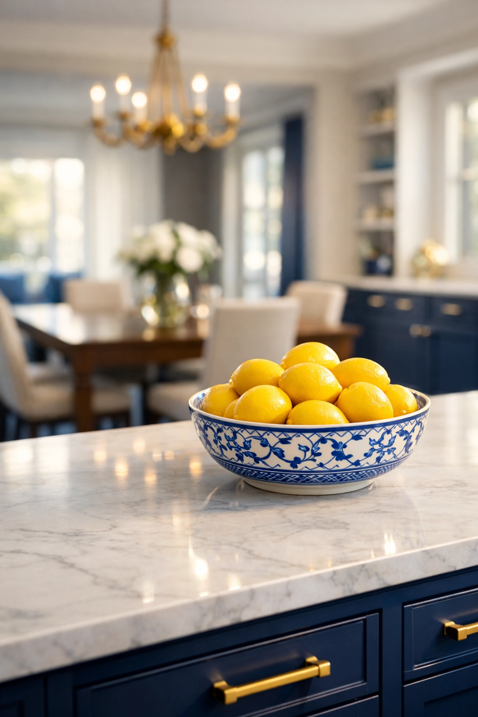 A spotless white marble kitchen island showing the results of expert house cleaning North Cambridge.