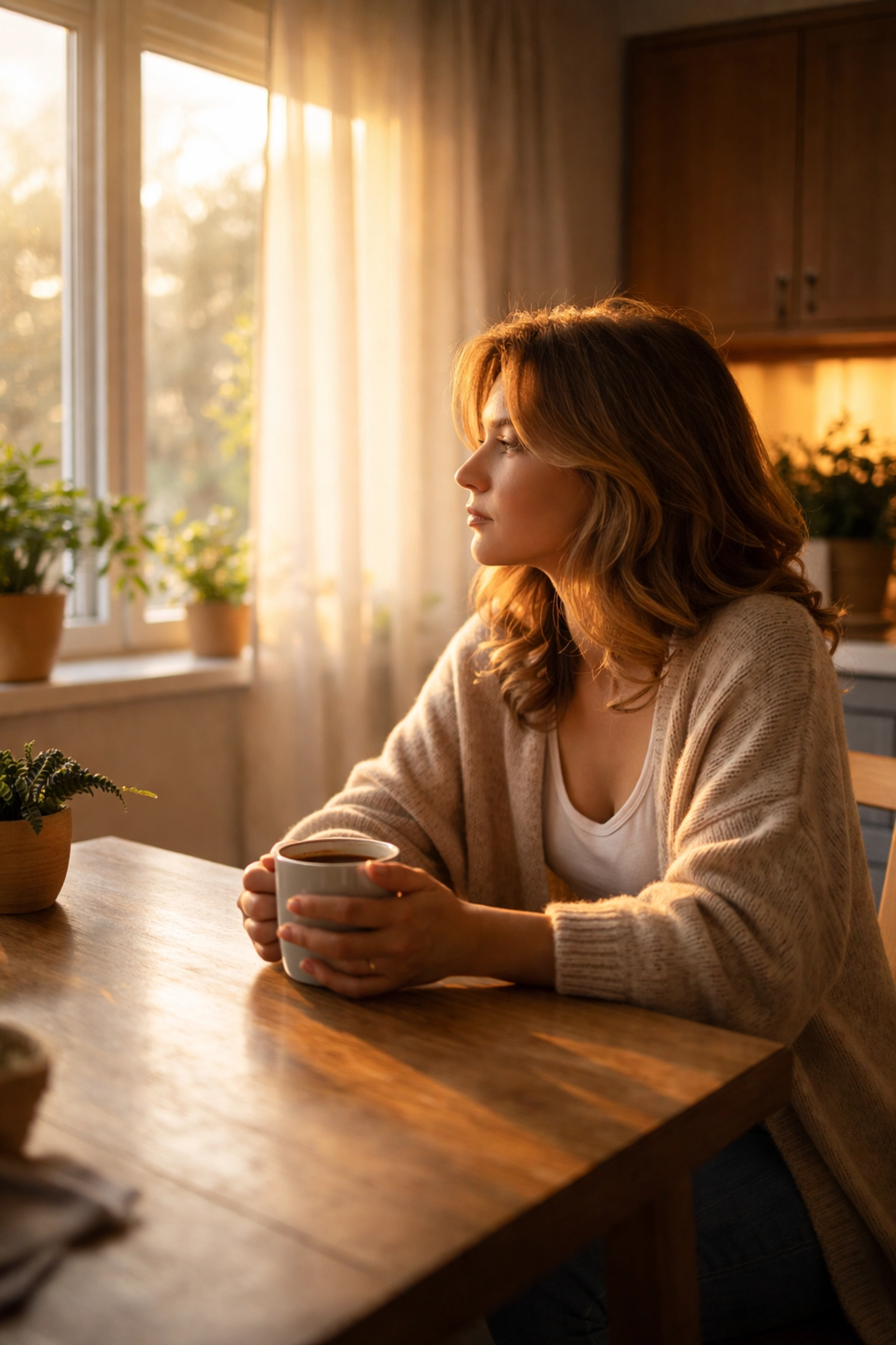 Person reflecting at a kitchen table with morning sunlight, symbolizing real estate decision uncertainty