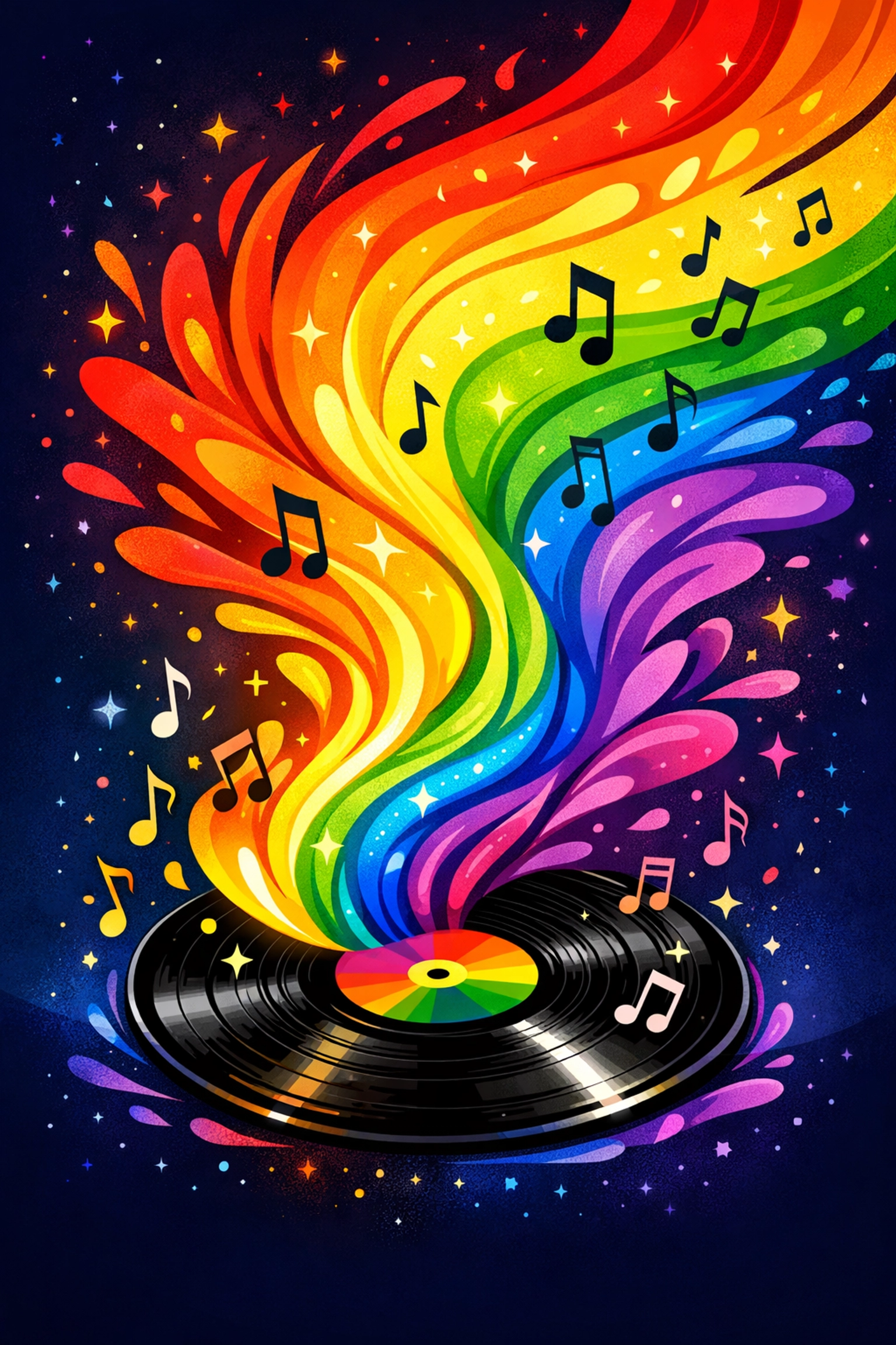 Vinyl record with rainbow waves symbolizing Elton John's music as LGBTQ+ anthem