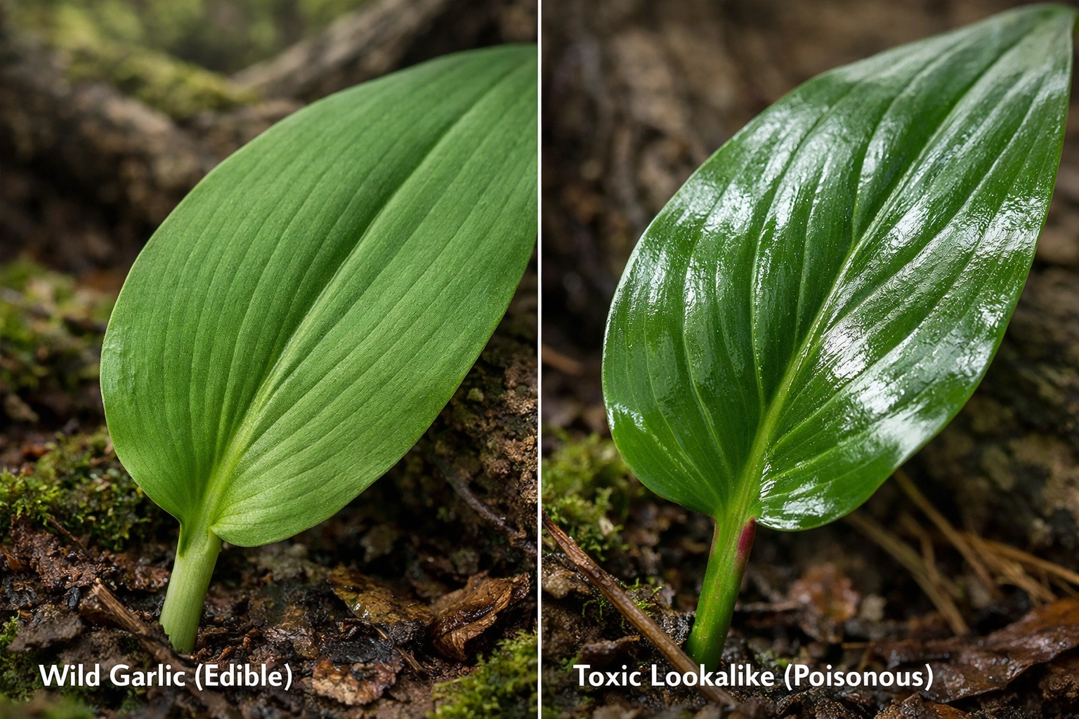 Comparison of edible wild garlic and a toxic lookalike leaf for safe foraging for beginners.