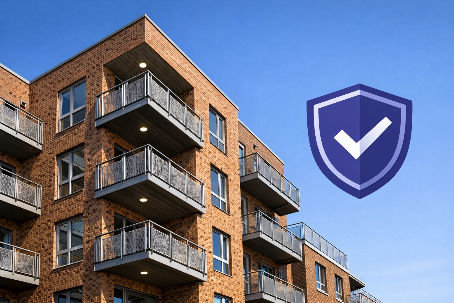 Brick residential development with a safety shield icon representing legal compliance and block management in Essex.