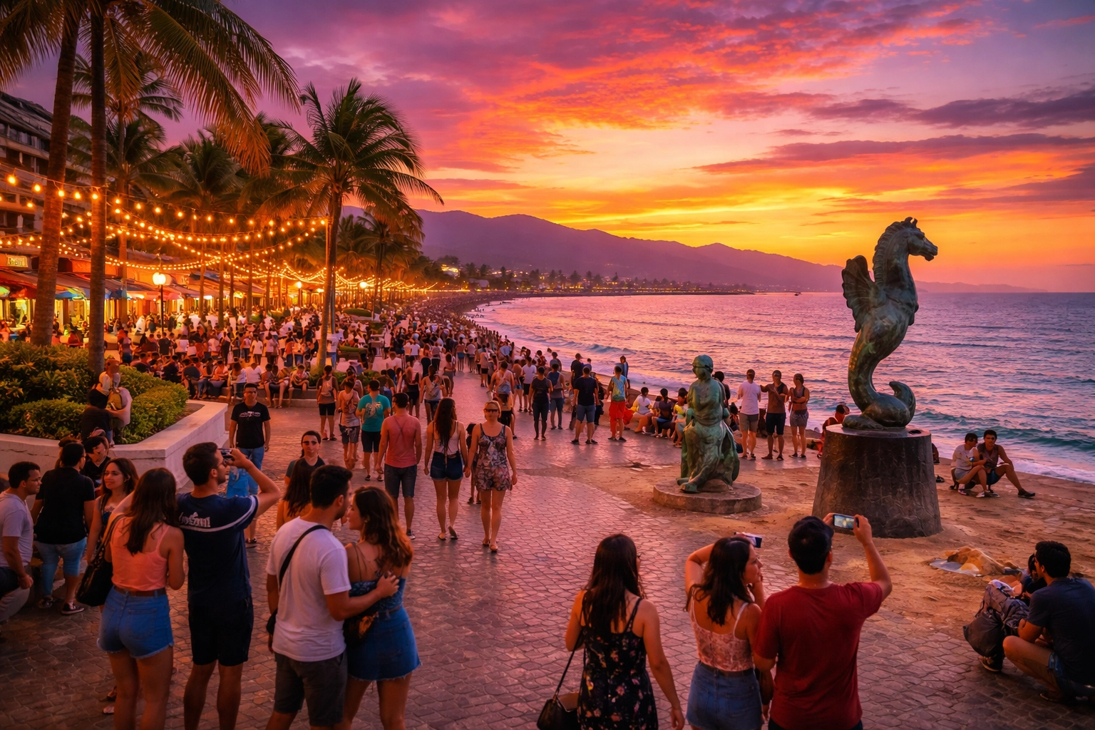 Travelers socializing and strolling along the sunny Puerto Vallarta Malecón at sunset, highlighting lively social spots.