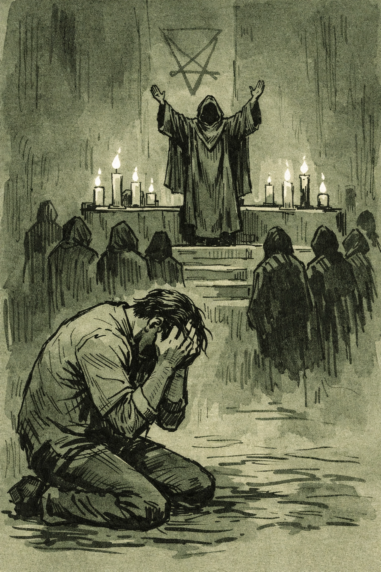 Cult leader preparing sacrifice ritual while partner kneels in MM thriller tragedy