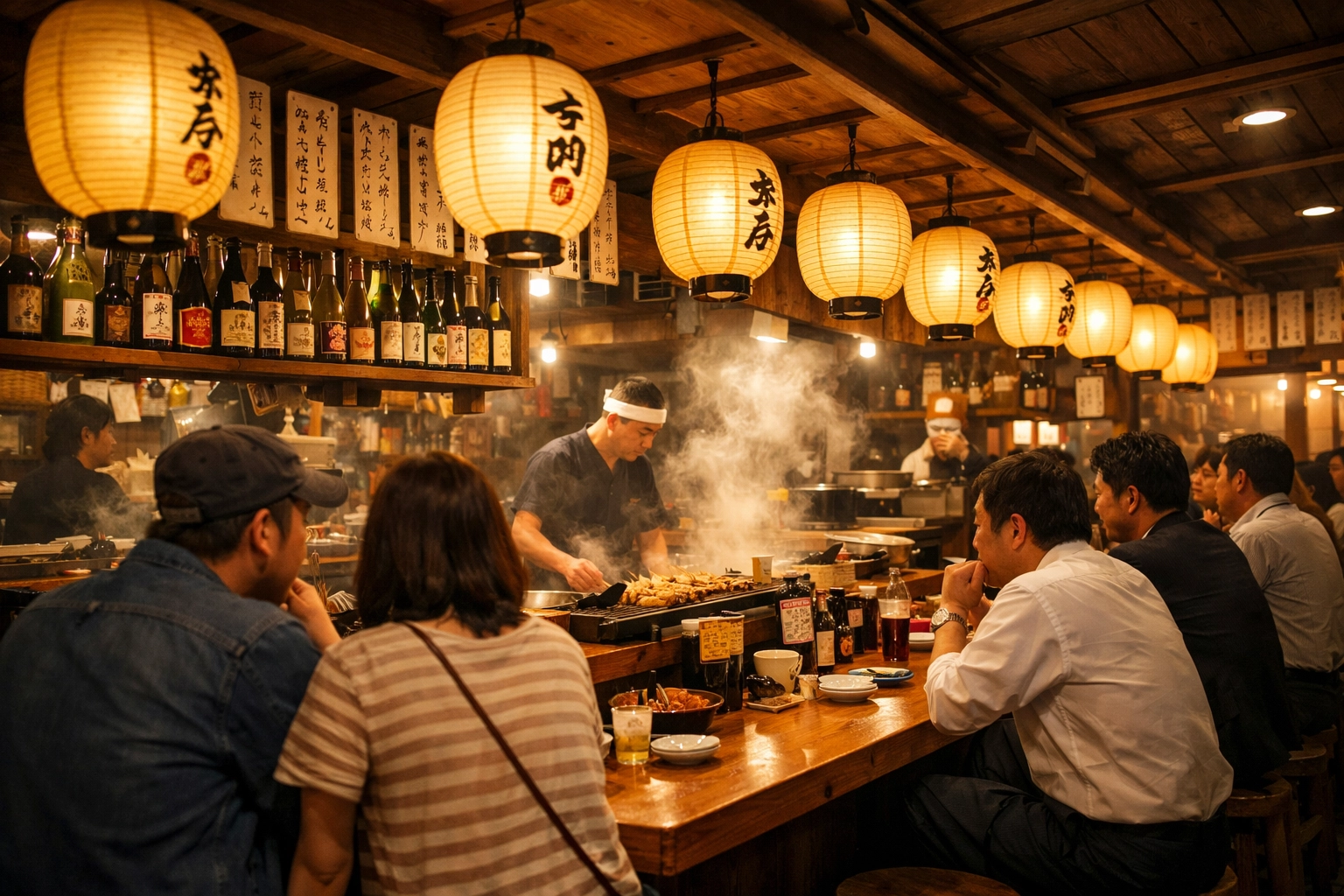 Traditional Tokyo Izakaya interior with glowing paper lanterns and wooden counters, a top photography location.